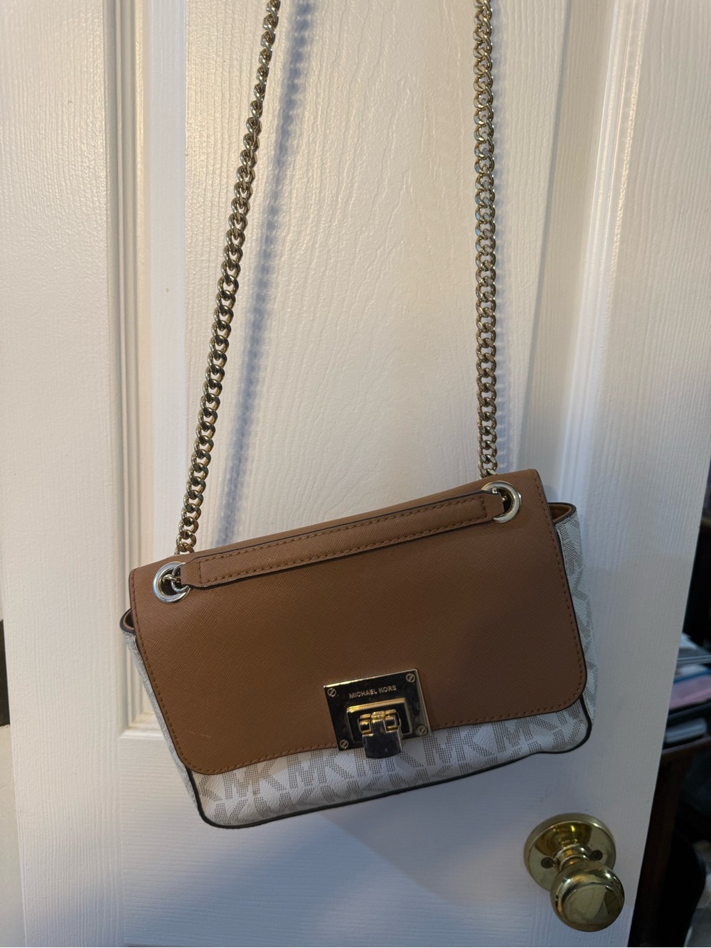Michael Kors Brown and White Logo Crossbody with Gold Chain